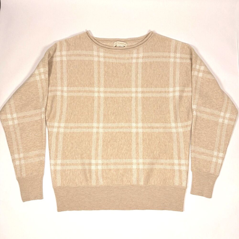 Cynthia Rowley Beige White Plaid Check‎ Oversized Knit Crewneck Sweater Neutral - Picture 6 of 8